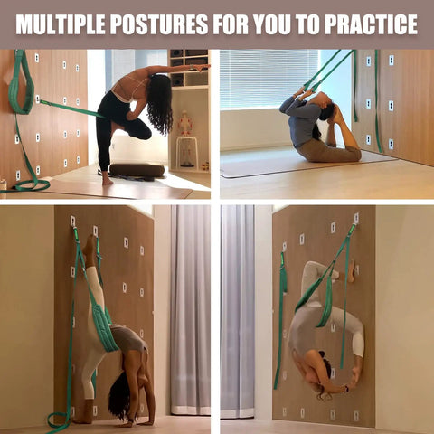 Practicing yoga postures using Heavy Lift Spring Socket Wall Plate For Yoga Rehab And Home Studio Panels No Sweat Setup Anchor Mount.