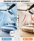 Dope 52 Inch Ceiling Fan With Lights For Indoor Outdoor Patio 3 Blade Matte Black And Gold Finish Remote Control Alexa Built In Smart Fan Voice Activated Lighting And Speed Quiet Energy Efficient Motor, displaying reverse airflow for summer and winter.