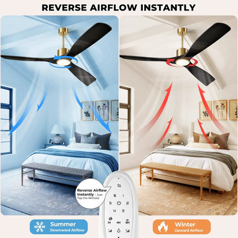 Dope 52 Inch Ceiling Fan With Lights For Indoor Outdoor Patio 3 Blade Matte Black And Gold Finish Remote Control Alexa Built In Smart Fan Voice Activated Lighting And Speed Quiet Energy Efficient Motor, displaying reverse airflow for summer and winter.