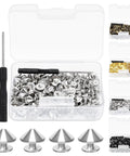 Top Shelf Silver Cone Spikes And Studs Hardware Kit Includes Hole Punch And Screwdriver For Custom Leather Craft Clothing Shoe Embellishments And Badass Accents showing spikes and tools.