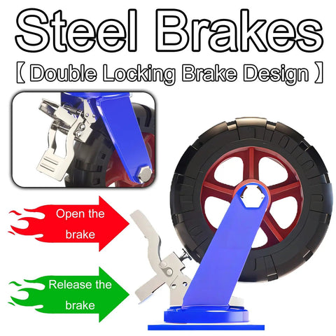 Bulletproof Heavy Duty Rubber Caster Set Of 4 With Dual Locking Brakes showing steel brakes and locking mechanism detail.