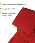 Close-up of Outdoor Hanging Lounge Chair Replacement Cushion with red fabric and text highlights on durable materials and easy attachment.