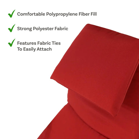 Close-up of Outdoor Hanging Lounge Chair Replacement Cushion with red fabric and text highlights on durable materials and easy attachment.
