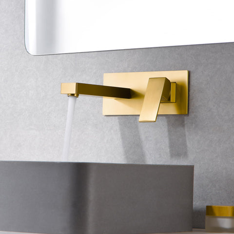 Brushed Gold Wall Mount Bathroom Faucet With Single Handle Vessel Sink Faucet Includes Brass Rough In Valve For Quick Install