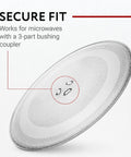 9.6 Inch Glass Microwave Turntable Replacement With 3 Part Coupler And Centerpiece, Tempered Clear Plate, Your Go To Replacement For LG Sears Kenmore Emerson And HighPointe Microwave Models shown securely fitting with coupler detail.