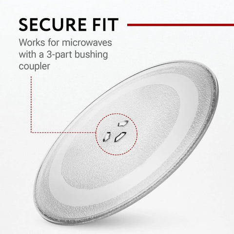 9.6 Inch Glass Microwave Turntable Replacement With 3 Part Coupler And Centerpiece, Tempered Clear Plate, Your Go To Replacement For LG Sears Kenmore Emerson And HighPointe Microwave Models shown securely fitting with coupler detail.