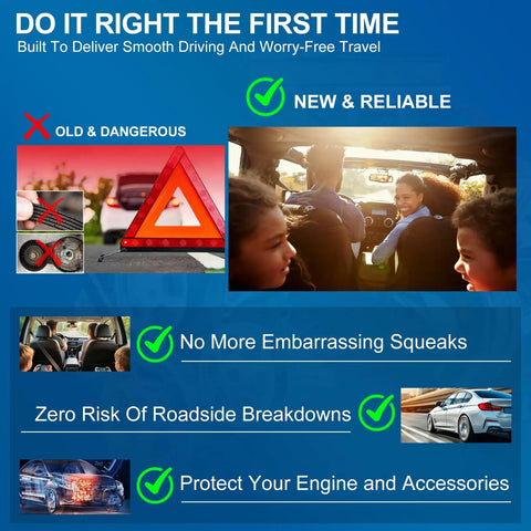 Promotional image with 'Do it right' message and family in a car, highlighting benefits of Must Have Serpentine Belt Drive Component Kit.