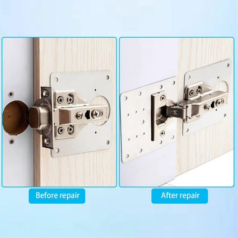 Before and after repair with Sturdy Stainless Steel Cabinet Hinge Repair Plate Kit With 60 Screws And Driver on cabinet door
