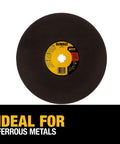 DEWALT 14-inch metal cut-off wheel for chop saw; black abrasive disc with yellow center label.