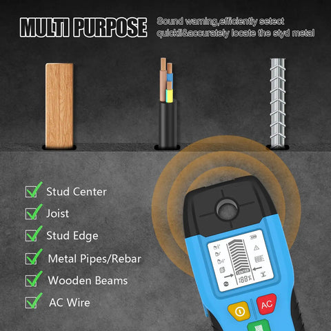 Xevaldric Wall Scanner 6-in-1 Stud Finder Metal Detector detecting studs, wires, and metal in various materials.