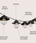10 Foot Black Rustic Farmhouse LED String Lights for Patio With Metal Cage Shade Weatherproof Outdoor Hanging Lights That Connect UL Listed And Easy To Install Durable Backyard Vibe Lighting close-up