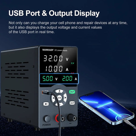 Variable 30V 10A Bench Power Supply with USB Fast Charging Port and Output Current Display next to a smartphone charging