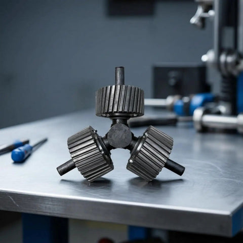 Heavy Duty Machine Roller Replacement Featuring Triple Wheels And Solid Core Built Tough For High Pressure Spin Works Like A Champ On Industrial Feed Machinery Rigs on a workshop table.