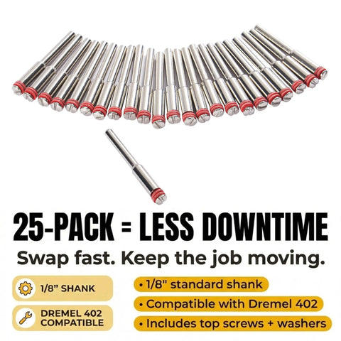 Image of 25 Pack Rotary Tool Mandrels Workhorse 1 8th Inch Shank Dremel 402 Compatible Replacement Holders arranged in a line.