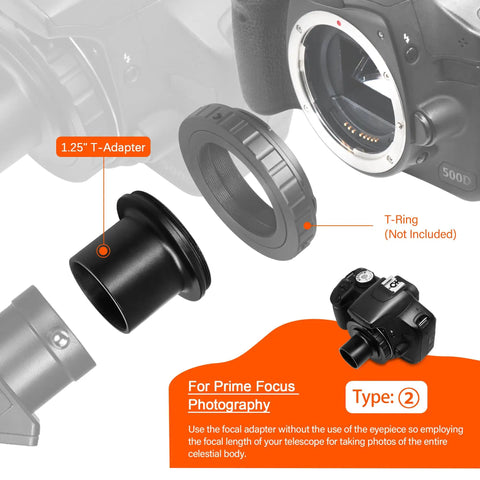 Extendable Telescope Camera Adapter with 1.25 Inch T Adapter for Prime Focus and Eyepiece Projection, Metal Build