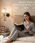 Black And Gold Crystal Wireless Rechargeable Wall Sconces Set Of Two Remote Dimmable 3Cct Bedroom Living Room Decor with reading woman.