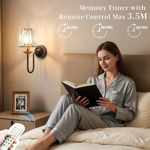 Black And Gold Crystal Wireless Rechargeable Wall Sconces Set Of Two Remote Dimmable 3Cct Bedroom Living Room Decor with reading woman.