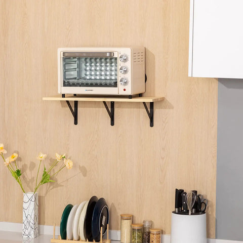 Kitchen with 12 Pack Beefy Built Shelf Brackets 8 X 6 Inches Aluminum Alloy Wall Mount Black supporting a wood shelf with an oven.