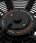 Ultra Slim Electric Radiator Fan Sick High Output Cooling Blower Matte Black shroud close-up of fan motor and wiring.