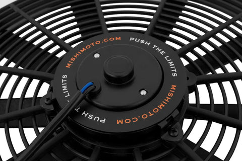 Ultra Slim Electric Radiator Fan Sick High Output Cooling Blower Matte Black shroud close-up of fan motor and wiring.