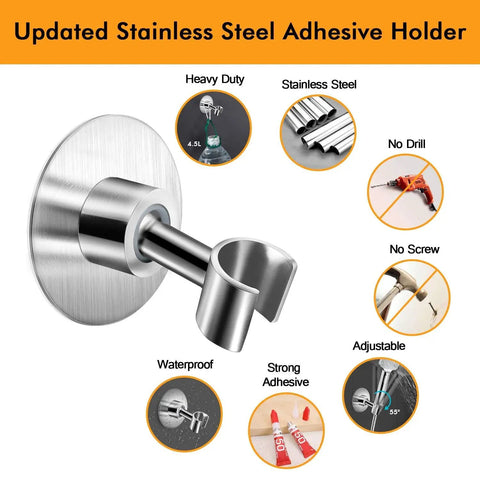 Sturdy Stainless Steel Shower Head Holder With 360 Degree Spin Adhesive Wall Mount Bracket For Handheld Shower Heads No Tools Needed Brushed SUS 304 Finish