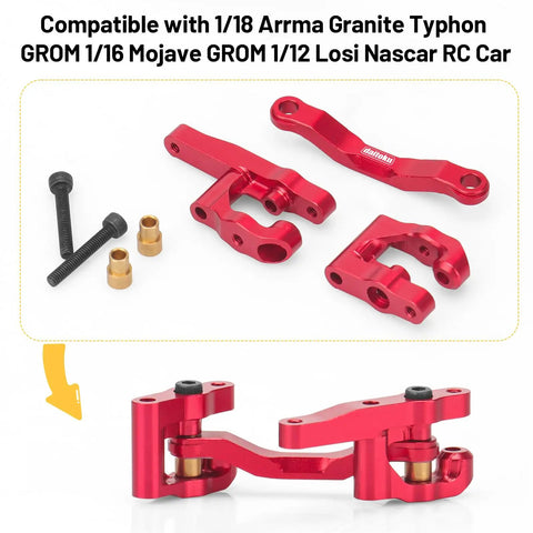 Beefed Up Aluminum RC Steering Upgrade Kit for 1 By 18 Arrma Granite Typhon GROM 1 By 16 Mojave in red with screws and mounts.