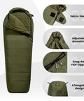 3-Season Mummy Sleeping Bag For Camping, Hiking, And Backpacking With Water-Repellent Shell showing velcro and zippers