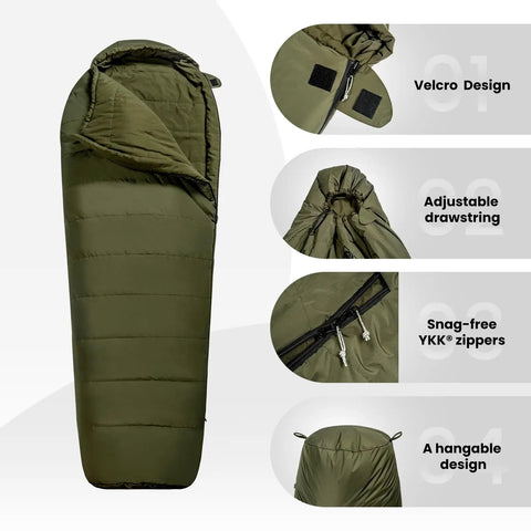 3-Season Mummy Sleeping Bag For Camping, Hiking, And Backpacking With Water-Repellent Shell showing velcro and zippers