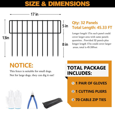 45.33Ft No Dig Pet Barrier Fence With 32 Panels For Rabbits And Dogs Rustproof Metal Border for Easy Setup, Size Chart and Accessories