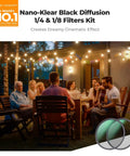 Group of people seated outdoors under string lights using 49mm Black Diffusion Mist Filters Kit with One Quarter and One Eighth Stops.