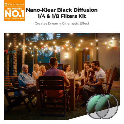 Group of people seated outdoors under string lights using 49mm Black Diffusion Mist Filters Kit with One Quarter and One Eighth Stops.