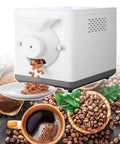 The Real Deal Smart Coffee Roaster, 1500 Gram Capacity With Digital Temp And Timer Display, front view with beans pouring out.