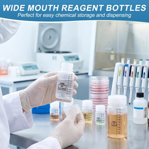 Person handling a Wide Mouth Plastic Bottle Set With Airtight Lids, 24 Pcs, 1 Oz 2 Oz 4 Oz Graduated in a lab environment.