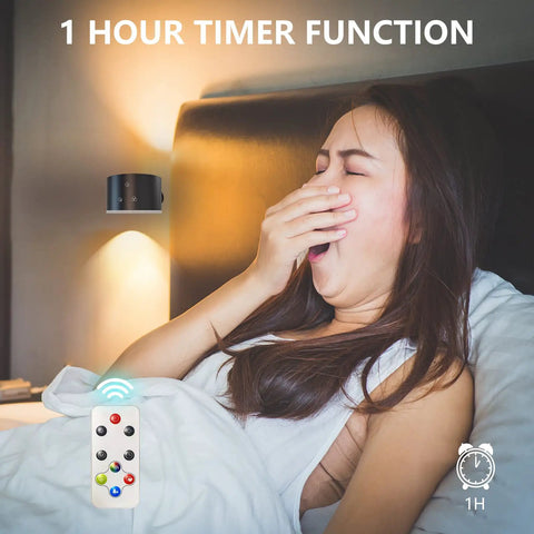 Woman yawning in bed with Up And Down LED Wall Sconce, remote control, showcasing 1-hour timer function.