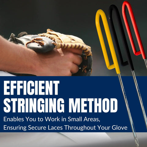 Relacing Needle For Baseball Gloves Pro Grade Durable Steel Lacing Tool shown with glove and colorful grips