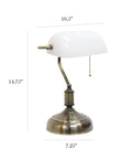 Boss Level Executive Banker's Desk Lamp With Glass Shade In Antique Nickel And White Finish, 10 x 8.66 x 14.75 Inches