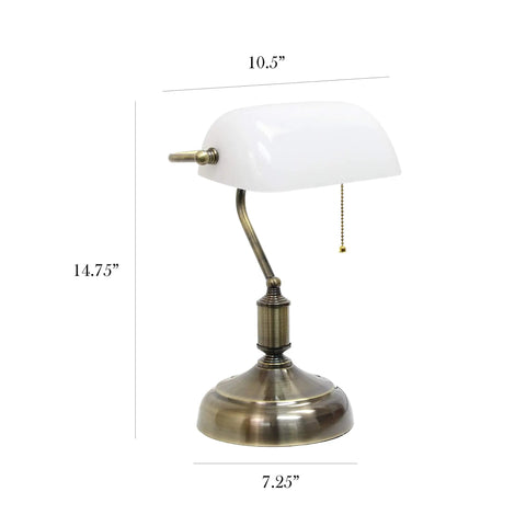 Boss Level Executive Banker's Desk Lamp With Glass Shade In Antique Nickel And White Finish, 10 x 8.66 x 14.75 Inches