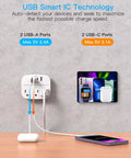 Compact Wall Outlet Extender With 3 AC Outlets And 4 USB Ports Featuring Built In Surge Protector showing USB ports for charging devices.