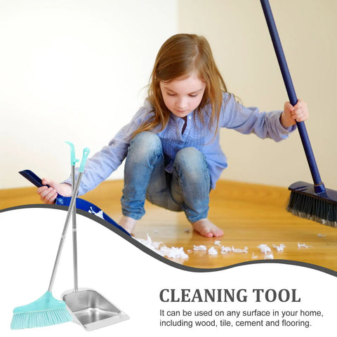 Heavy Duty Broom And Dustpan Set With Stand Up Broom Stainless Steel Anti Wind Dustpan For Home And Office Cleaning Easy Breezy Storage Lightweight And Durable For Quick Cleanups; child cleaning floor