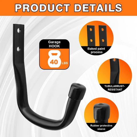 Heavy Duty Wall Garage Hooks Set Steel Anti Slip Utility Hangers For Ladders Bikes Hose Garden Tools Coats And Gear Rustproof Includes Mounting Hardware Black 10 Pack showing hook details and features