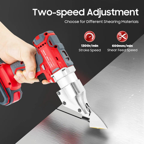 Heavy Duty 21V Cordless Metal Shear With Brushless Motor And Two Batteries For Cutting Steel, Iron, Aluminum, And Corrugated Roofing Materials, showing two-speed adjustment for versatility.