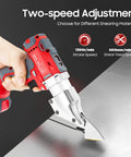 21V Cordless Electric Sheet Metal Scissors Heavy Duty Tin Snips Drill Attachment For Cutting Iron Stainless Steel Aluminum Cardboard showing two-speed adjustment.