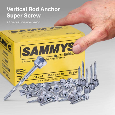 Wood Anchor Vertical Threaded Rod Screw Length One Quarter Inch By Three Inch Steel With Zinc Finish in front of product box.