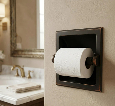 Oil Rubbed Bronze Recessed Toilet Paper Holder With All Metal Construction In Wall Mount Includes Mounting Bracket 6 Inch Wide By 6 Inch High Durable Finish Easy Install 15 Year Finish Warranty Recessed Design in bathroom setting.