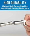 Hand holding Beefy Steel Barrel Fastener Plunger Tool for water utility fasteners, made of durable high carbon steel.