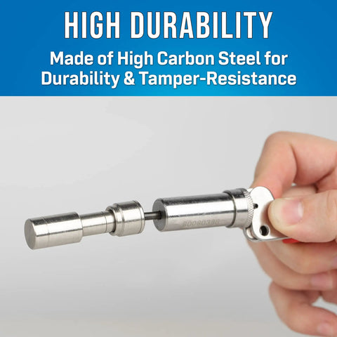 Hand holding Beefy Steel Barrel Fastener Plunger Tool for water utility fasteners, made of durable high carbon steel.