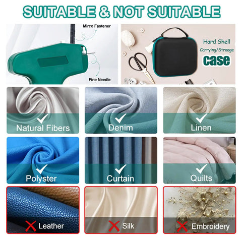 Top Shelf Clothing Stitch Gun Kit With No Sweat Quick Fix Sewing Tool For Hemming Tagging And Quilting Includes Protective Hard Shell Case showing suitable and unsuitable fabrics.