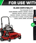 Toro Timecutter zero-turn mower with replacement blades, compatible with 50-inch decks, displayed with compatibility list.