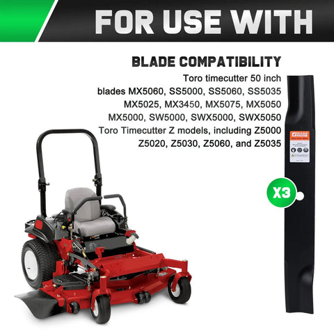 Toro Timecutter zero-turn mower with replacement blades, compatible with 50-inch decks, displayed with compatibility list.