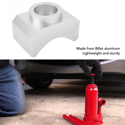 Universal Hydraulic Jack Axle Adapter Lifting Saddle, 6061-T6 Billet Aluminum, Silver, used with bottle jack under vehicle